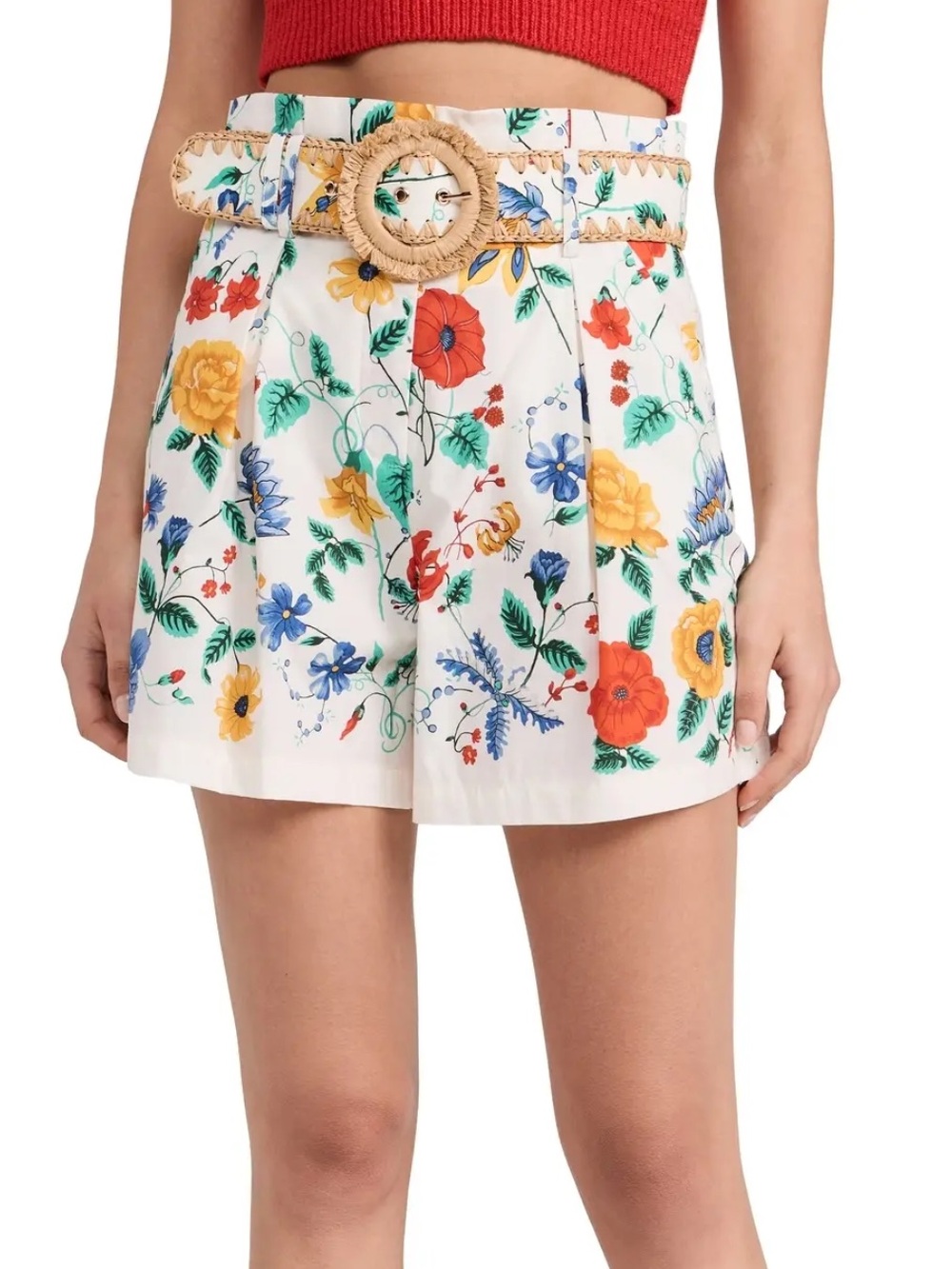 Cara Cara White Floral High-Waist Shorts with Multicolor Blooms